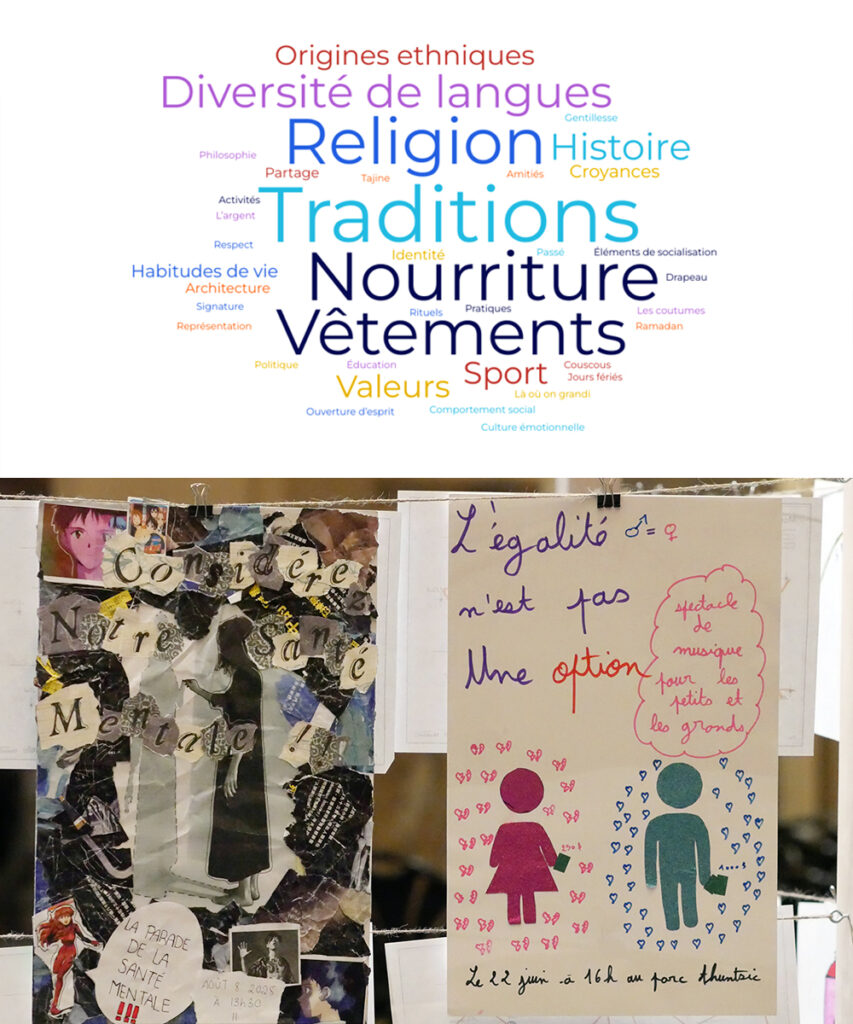 un nuage de mots et deux affiches d'événements engagés