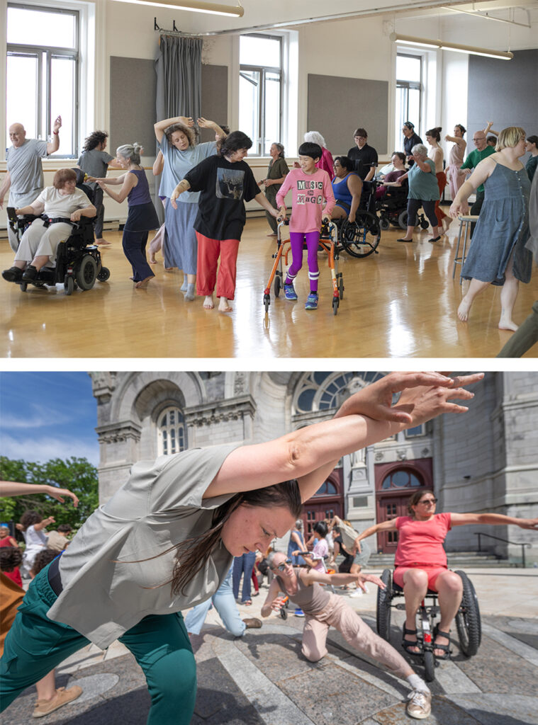 Deux photos : - répétition en salle - gros plan sur une danseuse pendant la représentation.