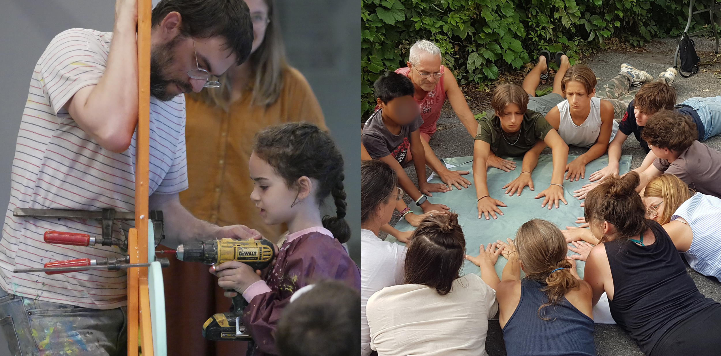 Un groupe de voisins et voisines de ruelles vertes réalisent avec des artistes des oeuvres collectives pour animer leur ruelle.