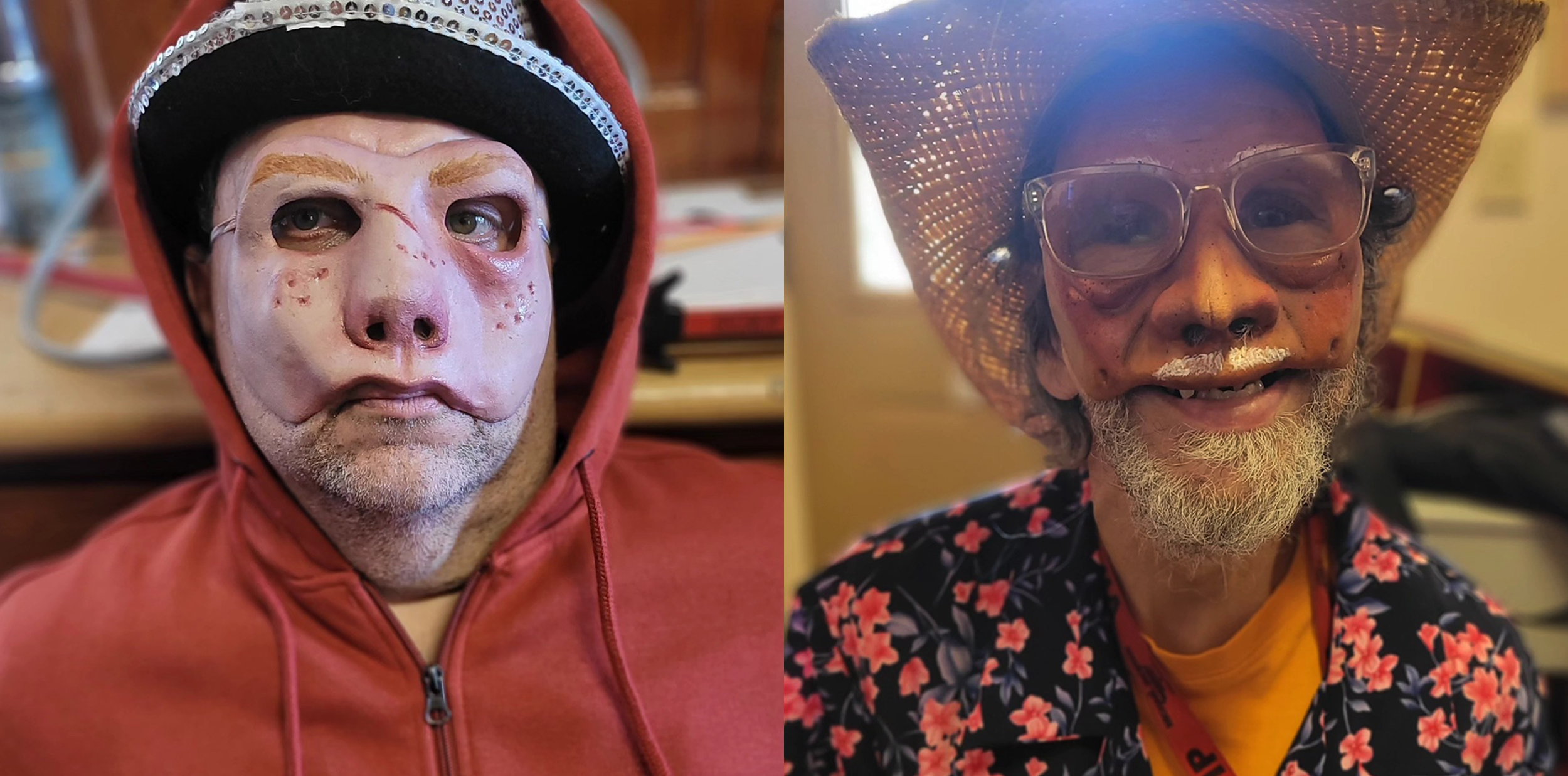 Deux personnes portent les masques confectionnés de leur mains pour expérimenter le jeu théâtral masqué.
